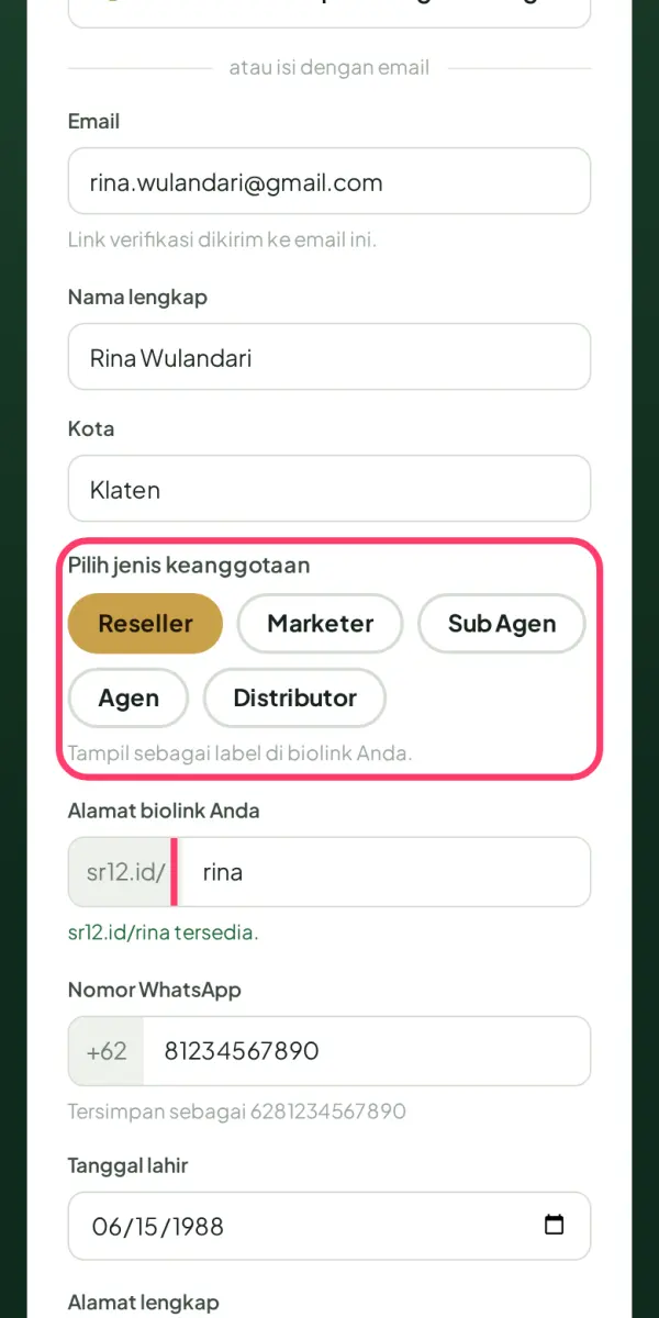 Pilih keanggotaan & alamat biolink