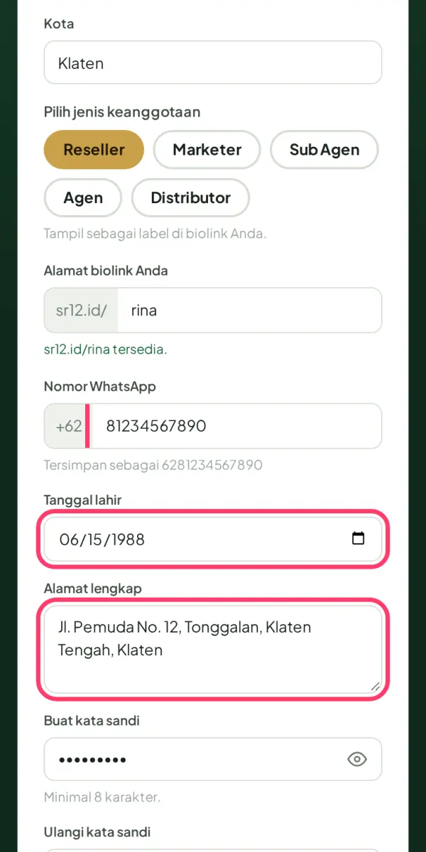 Isi nomor WhatsApp, tanggal lahir & alamat