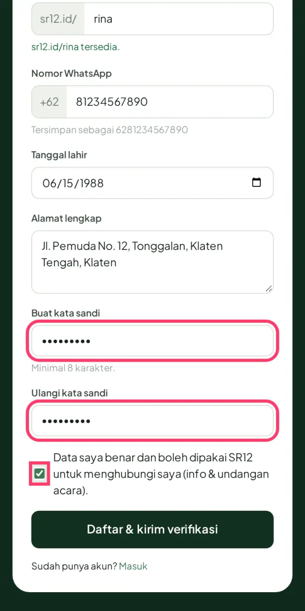 Buat kata sandi lalu daftar