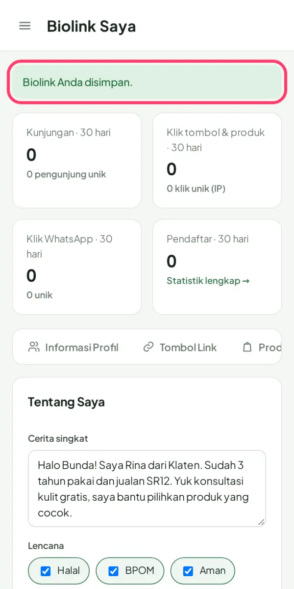 Tekan "Simpan biolink"
